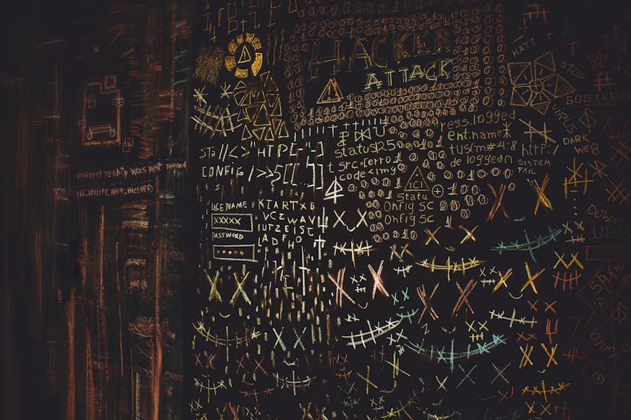 Chalkboard filled with complex cybersecurity and hacking symbols in colorful chalk.