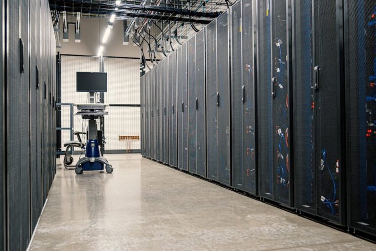 Steel framework cabinets housing servers networking devices and cables in contemporary equipped data center
