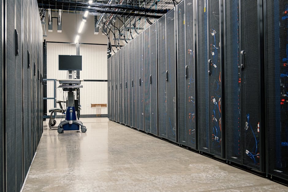 Steel framework cabinets housing servers networking devices and cables in contemporary equipped data center